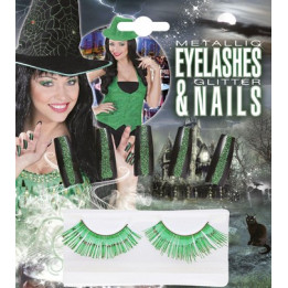 Ensemble de cils scintillants avec des ongles métallisés, vert