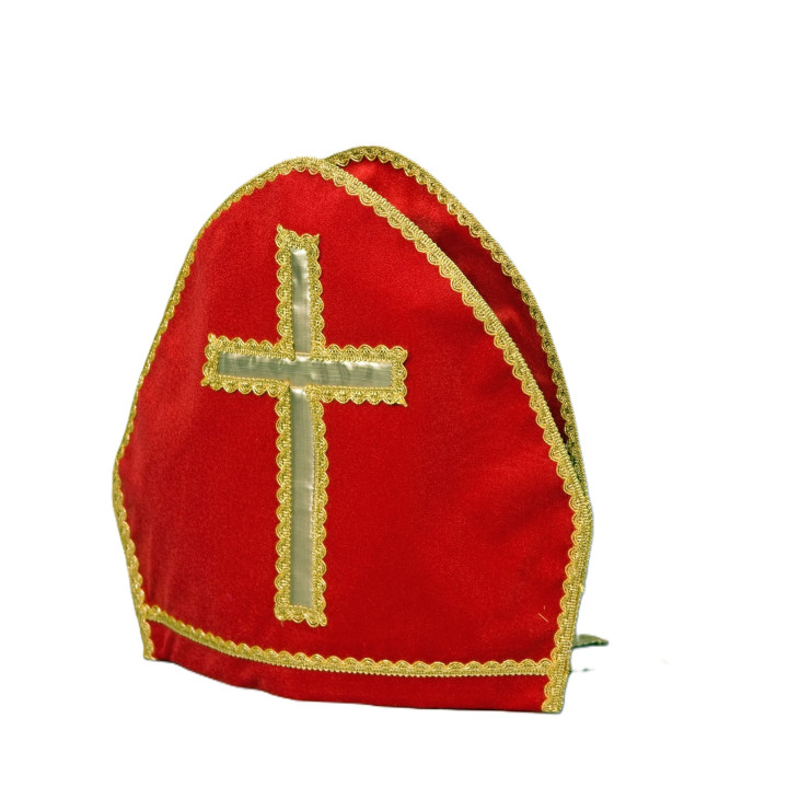 Bishop's miter with velvet ribbons, red