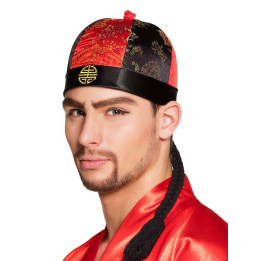 Mandarin hat with hair: Chinese hat, red