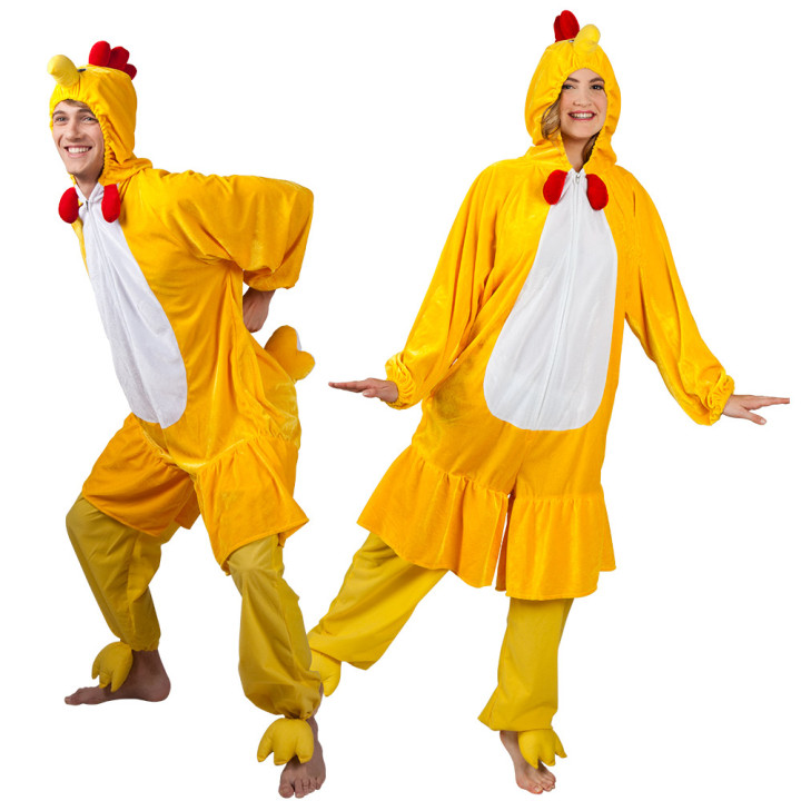 Huhn Plüschkostüm Unisex: Overall mit Kapuze, gelb