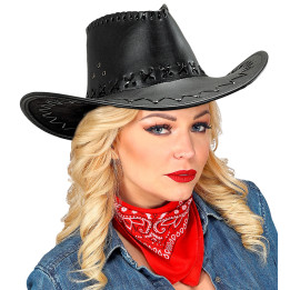 Leather look cowboy hat with decorative stitching, black