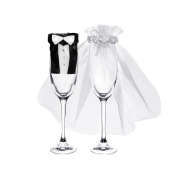 Tenue de couple de mariés pour verres de champagne: (sans verres), noir/blanc